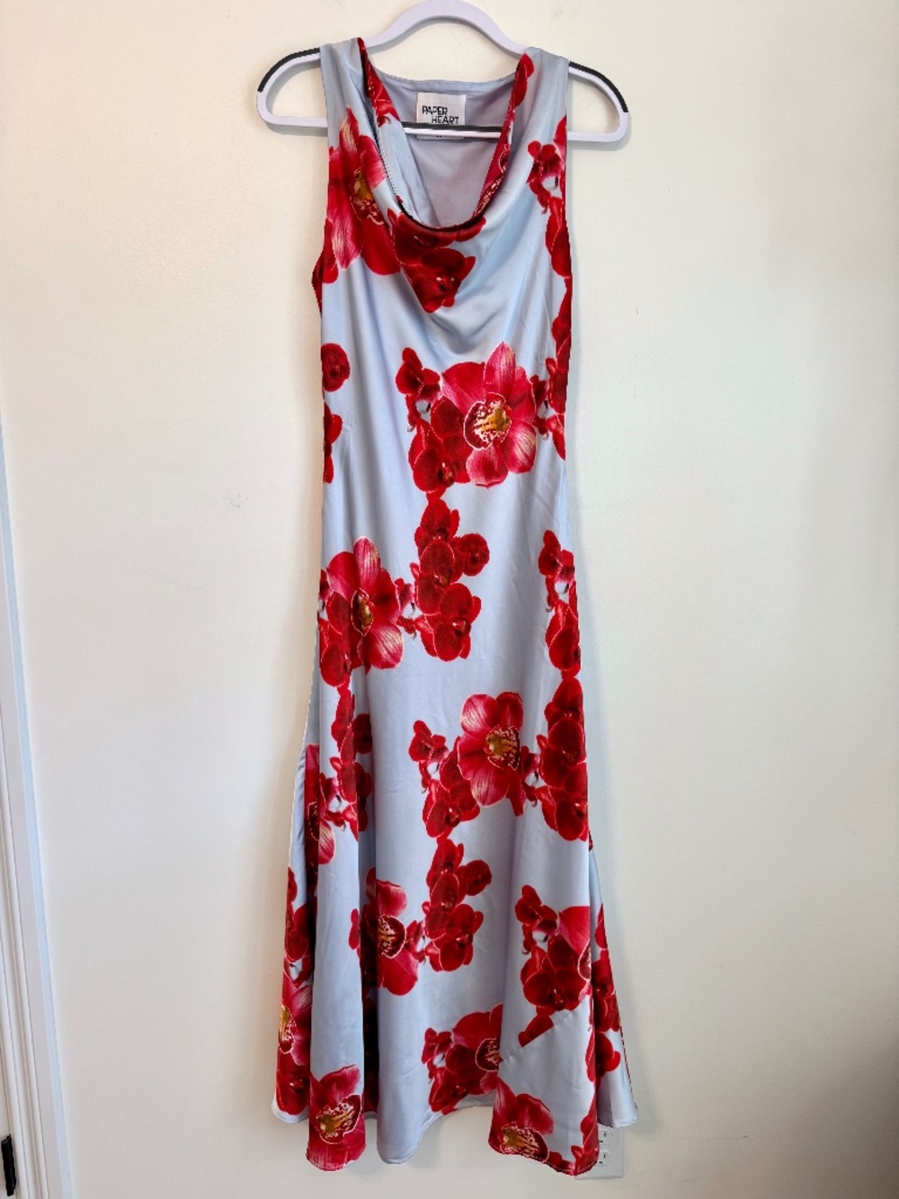 Paper Heart Blue Satin Sleeveless Maxi Dress - Red Florals | Size M